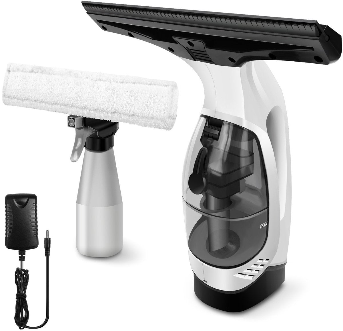 Cordless window vacuum squeegee cleaning a glass surface