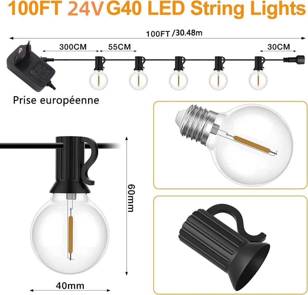 Otranto Outdoor String Lights, G40 Bulbs, 52 LED, 30m, Warm White