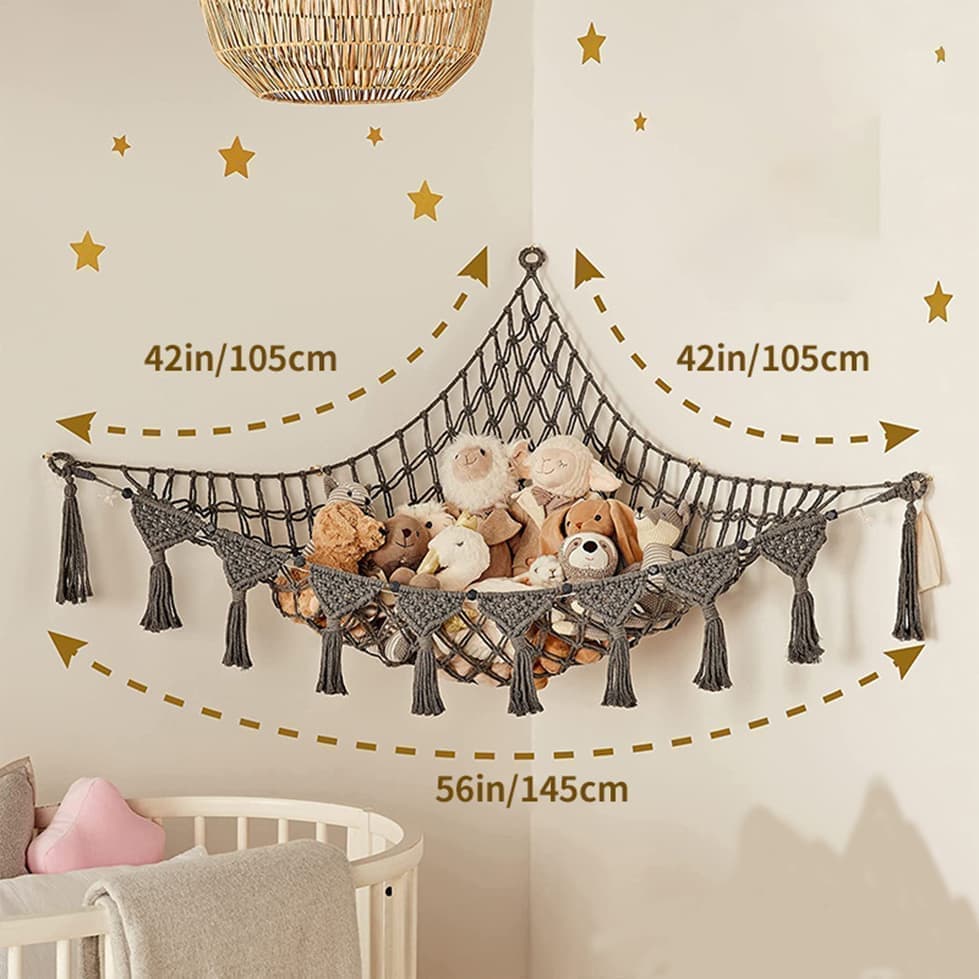 Toy storage hammock net for soft toys in dark grey