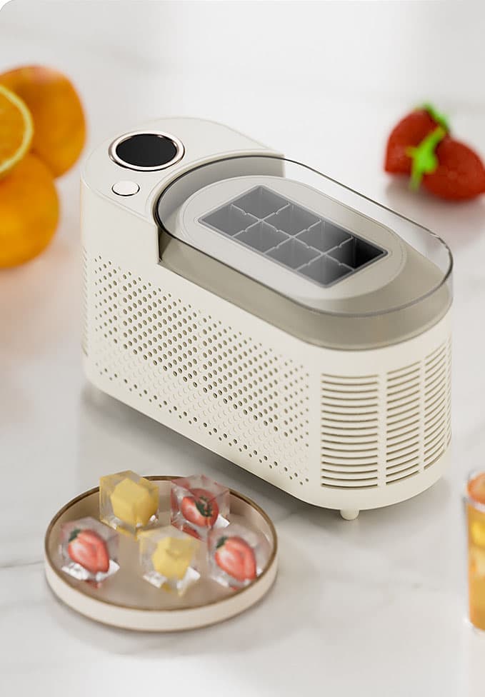 Dimensions of white portable ice maker, 21.6 by 9.3 by 12.8 centimetres