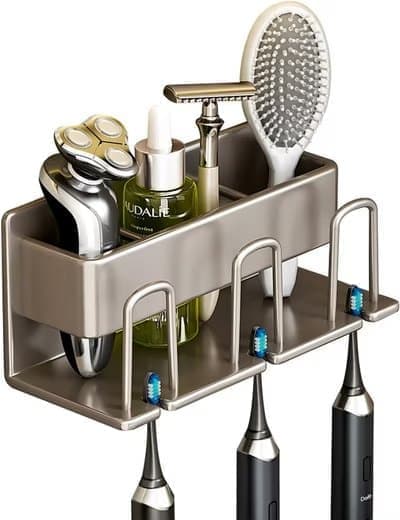 Light grey aluminium toothbrush holder with cup mounted on a bathroom wall