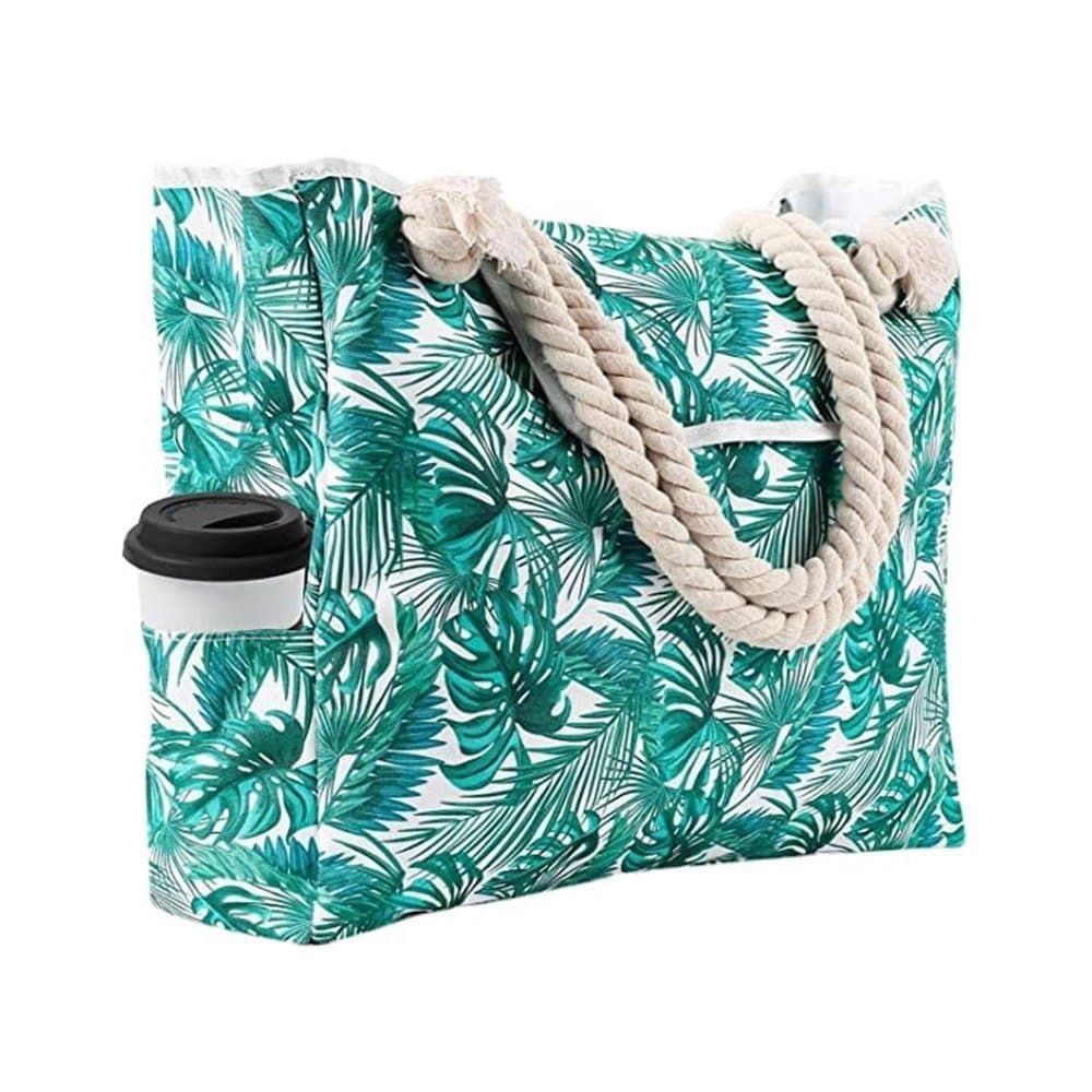 Belves large canvas beach tote in green with jute rope handle