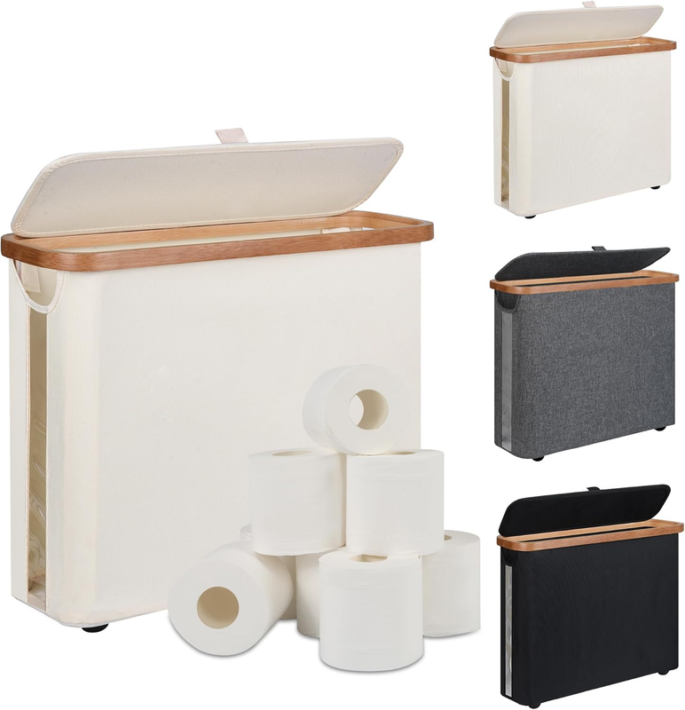 Beige toilet paper storage basket with lid, bamboo frame and clear window