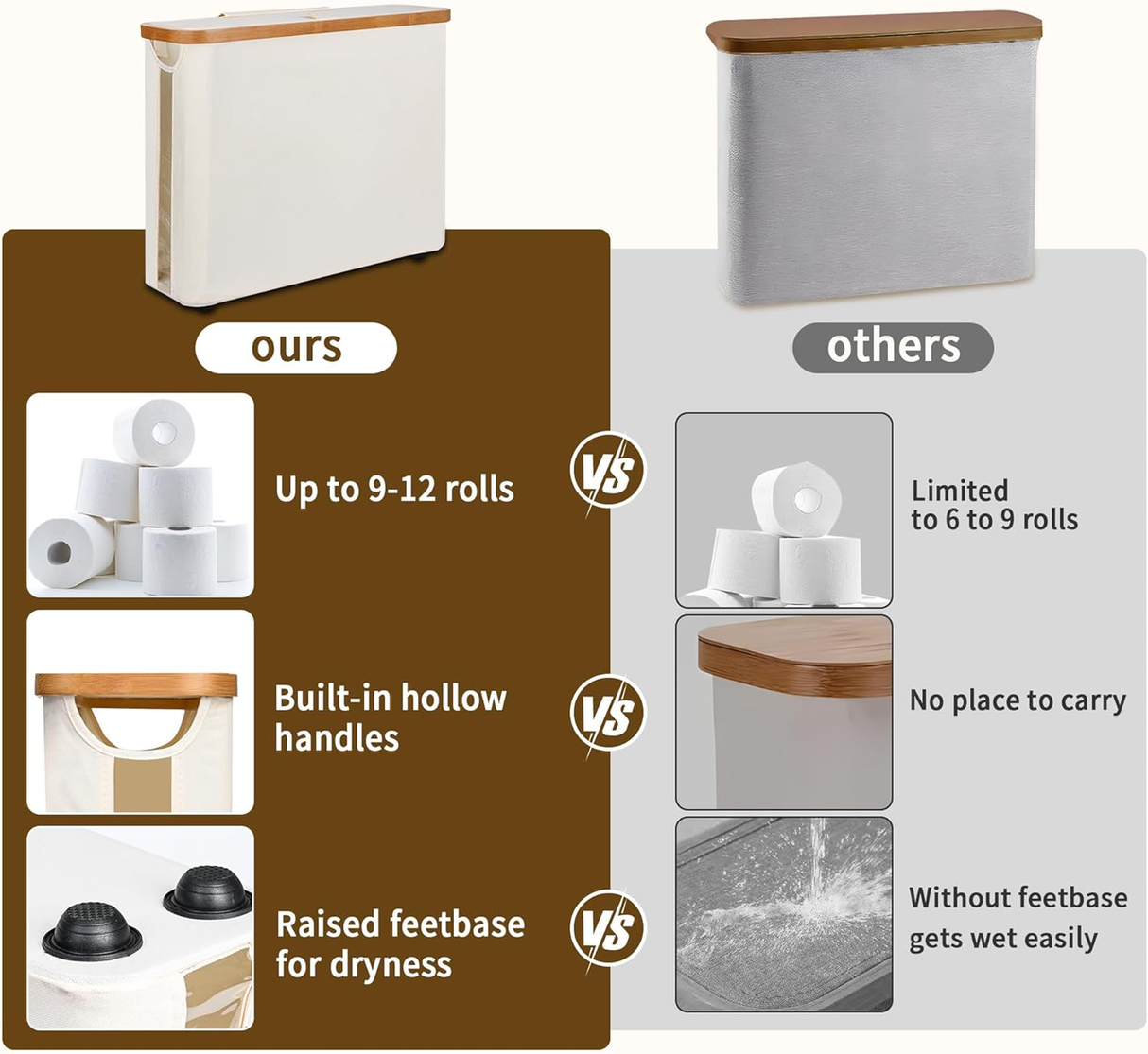 Beige toilet paper storage basket with lid, bamboo frame and clear window