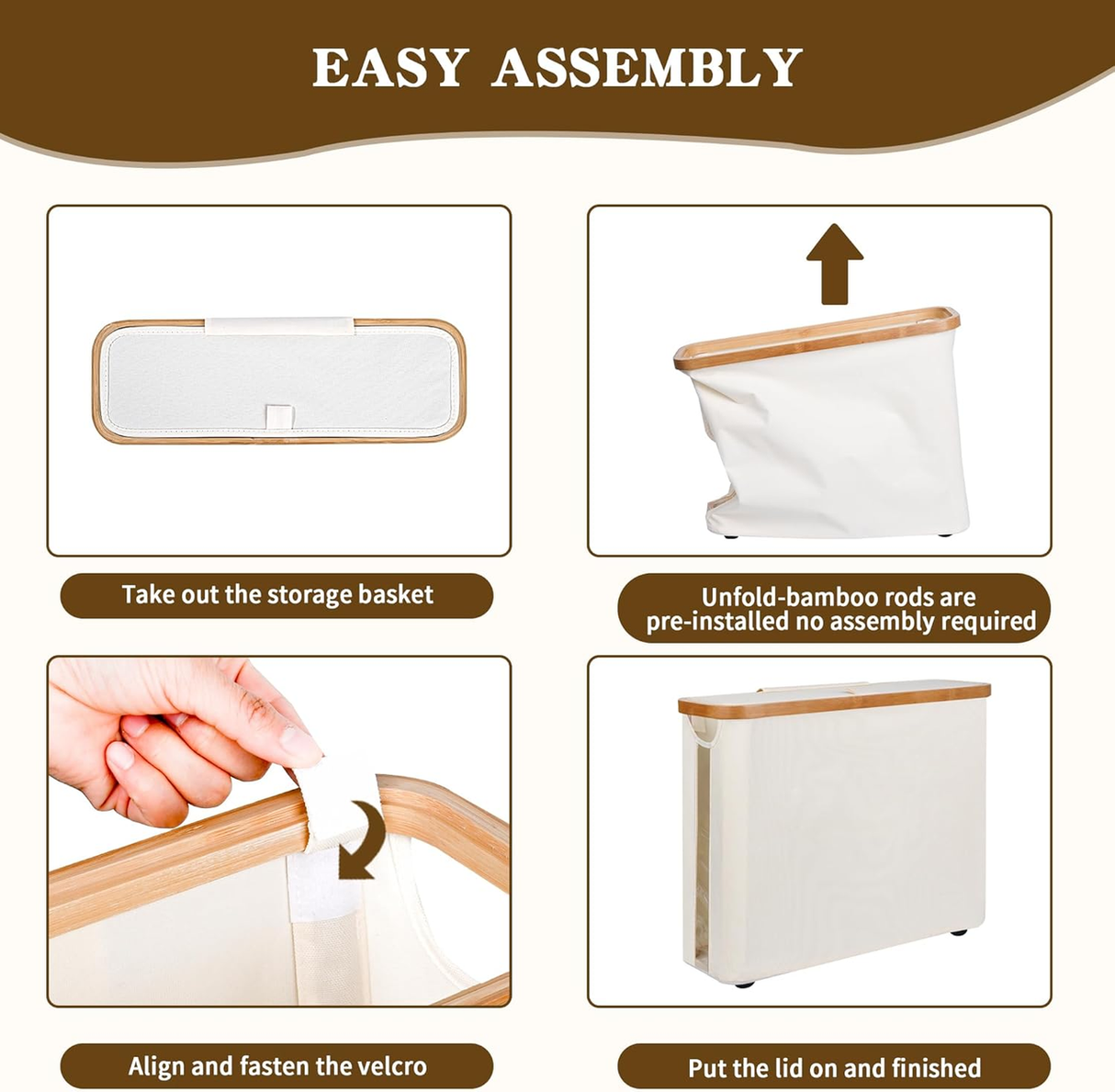Beige toilet paper storage basket with lid, bamboo frame and clear window