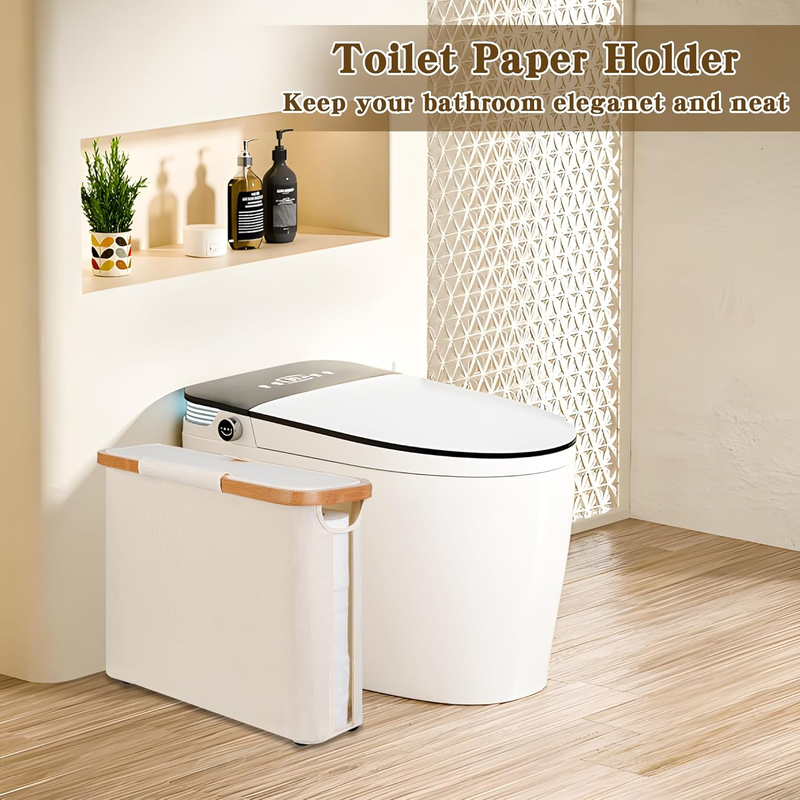 Beige toilet paper storage basket with lid, bamboo frame and clear window