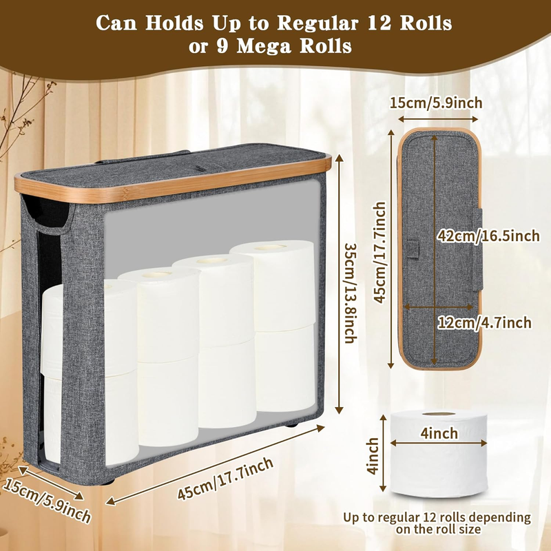 Gray toilet paper storage basket with lid, bamboo frame and clear window