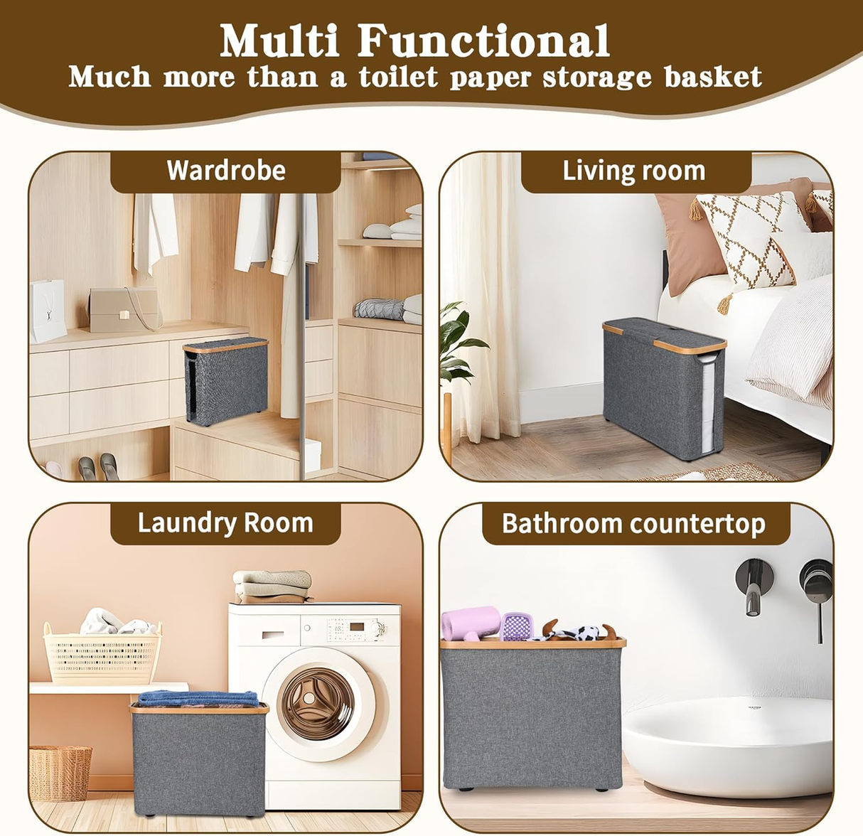 Gray toilet paper storage basket with lid, bamboo frame and clear window