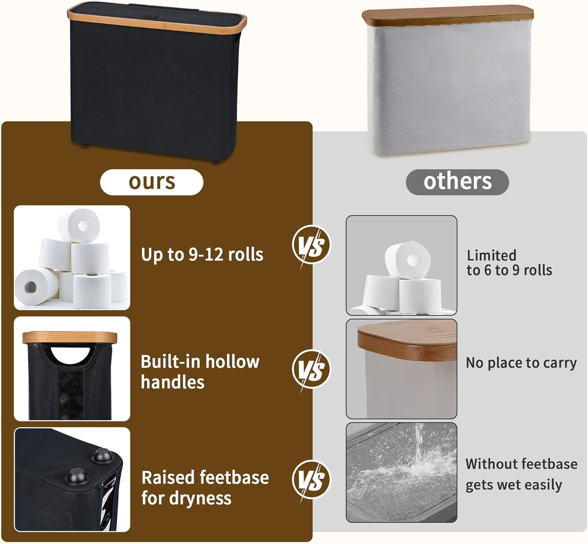 Black toilet paper storage basket with lid, bamboo frame and clear window