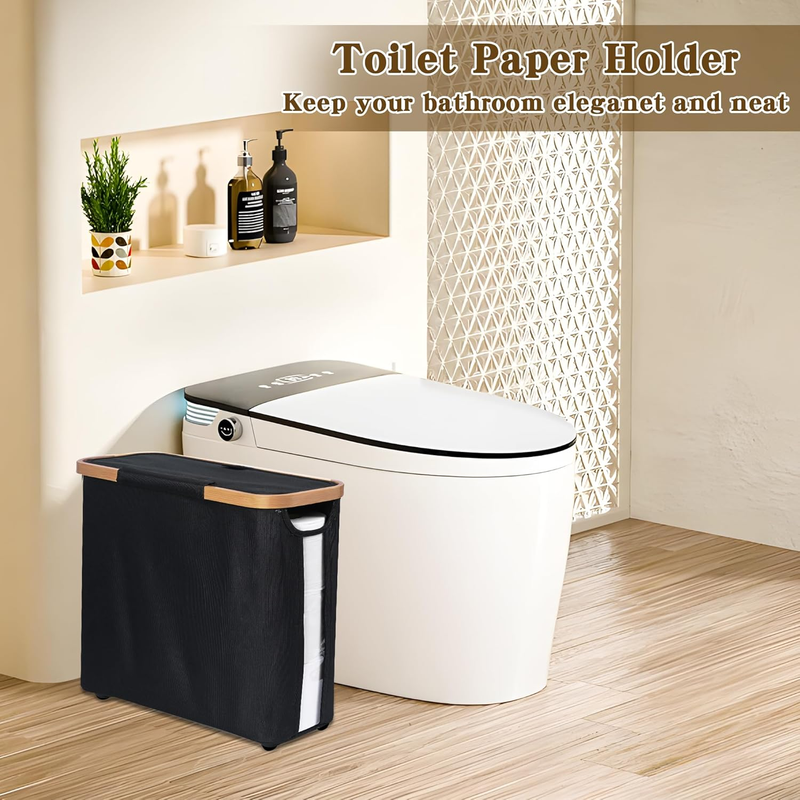 Black toilet paper storage basket with lid, bamboo frame and clear window