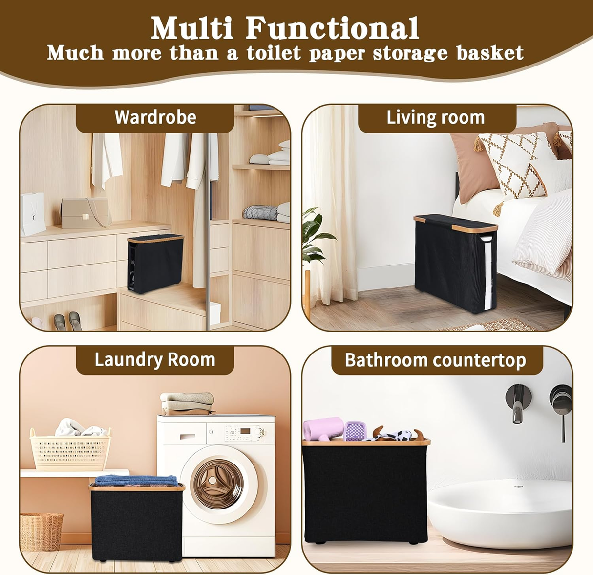 Black toilet paper storage basket with lid, bamboo frame and clear window