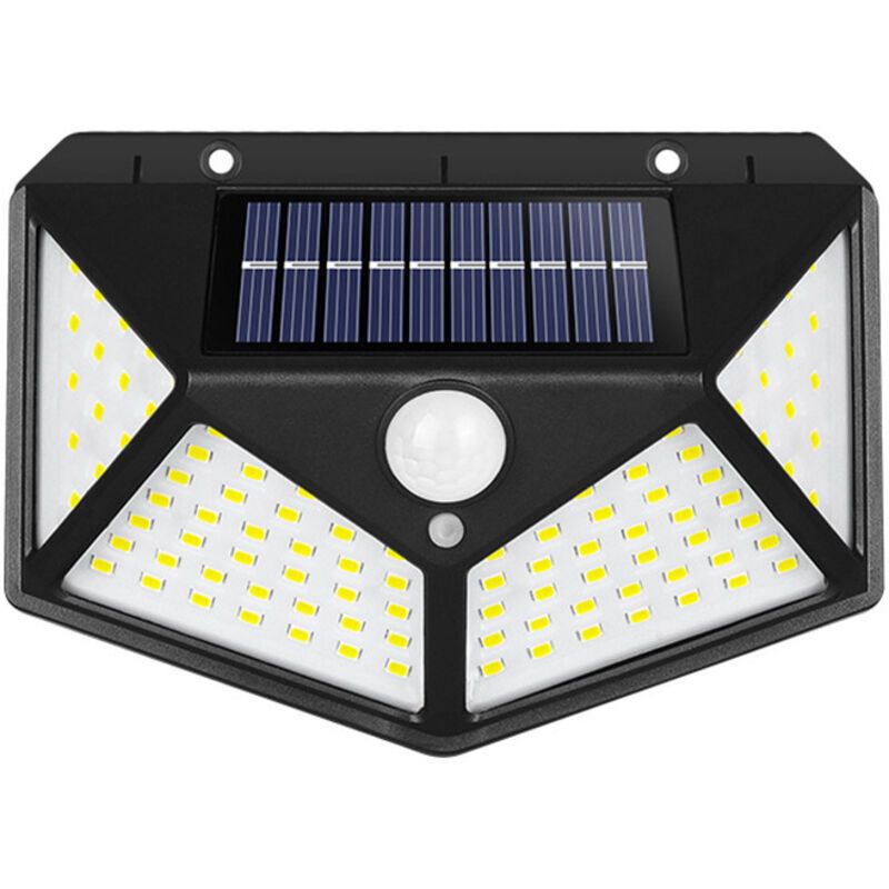 Four sided 100 LED solar motion sensor light mounted on a garden wall