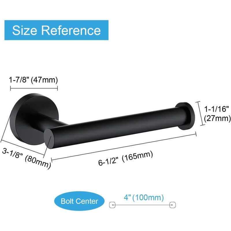 Black toilet paper holder mounted vertically beside a toilet in a narrow bathroom