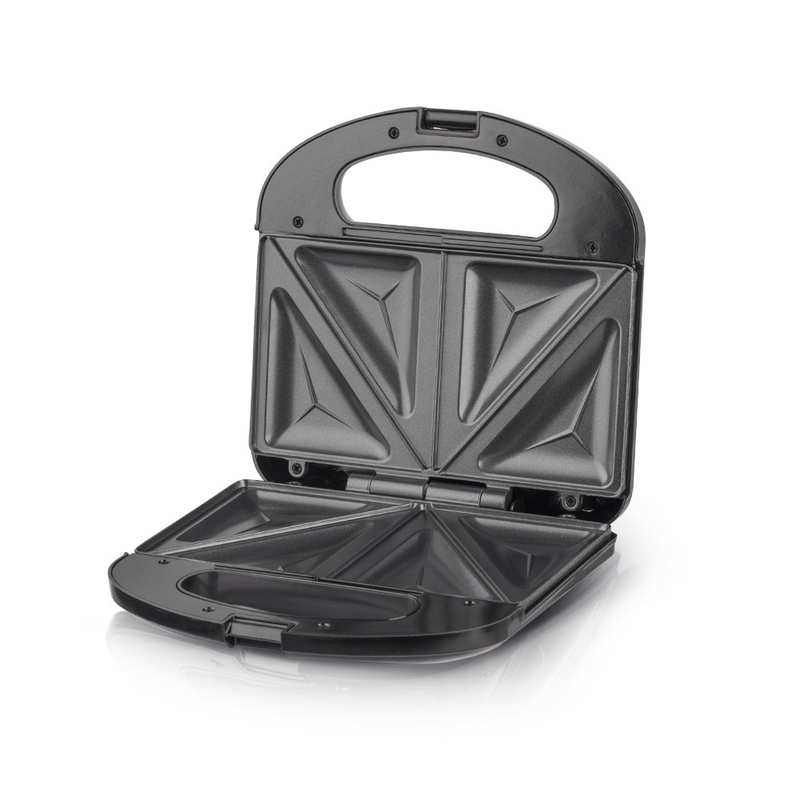 Sandwich press opened to show triangular non stick cooking plates