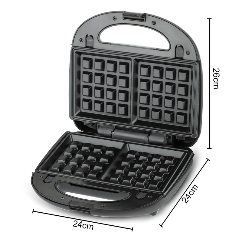 Batter being poured into waffle maker grid plates