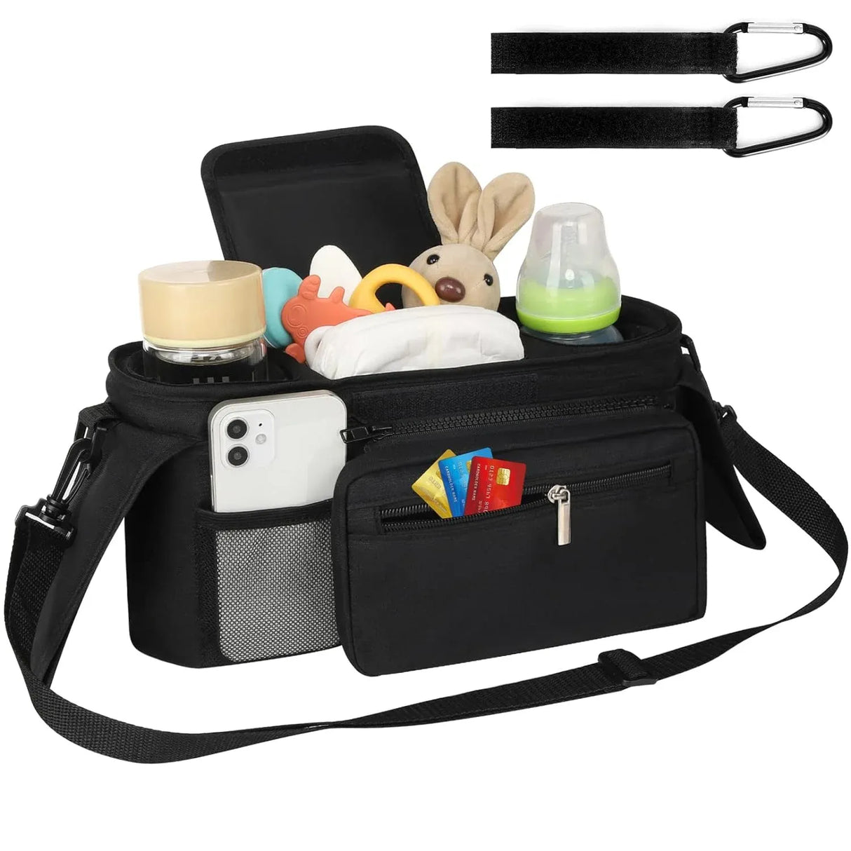 Universal Stroller Organiser with Insulated Cup Holders Black