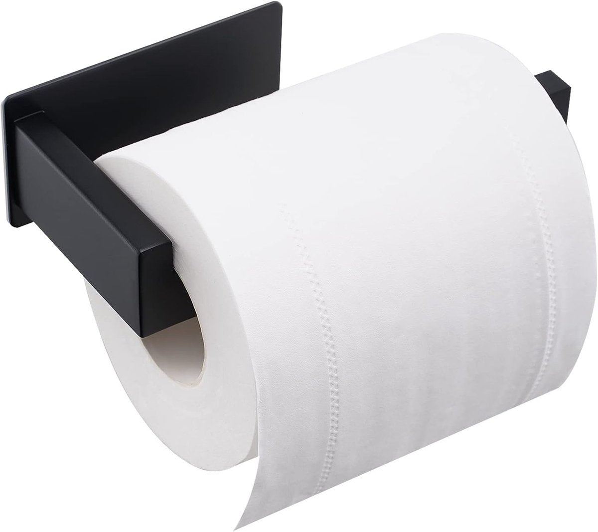 Compact black stainless steel toilet paper holder with adhesive mounting
