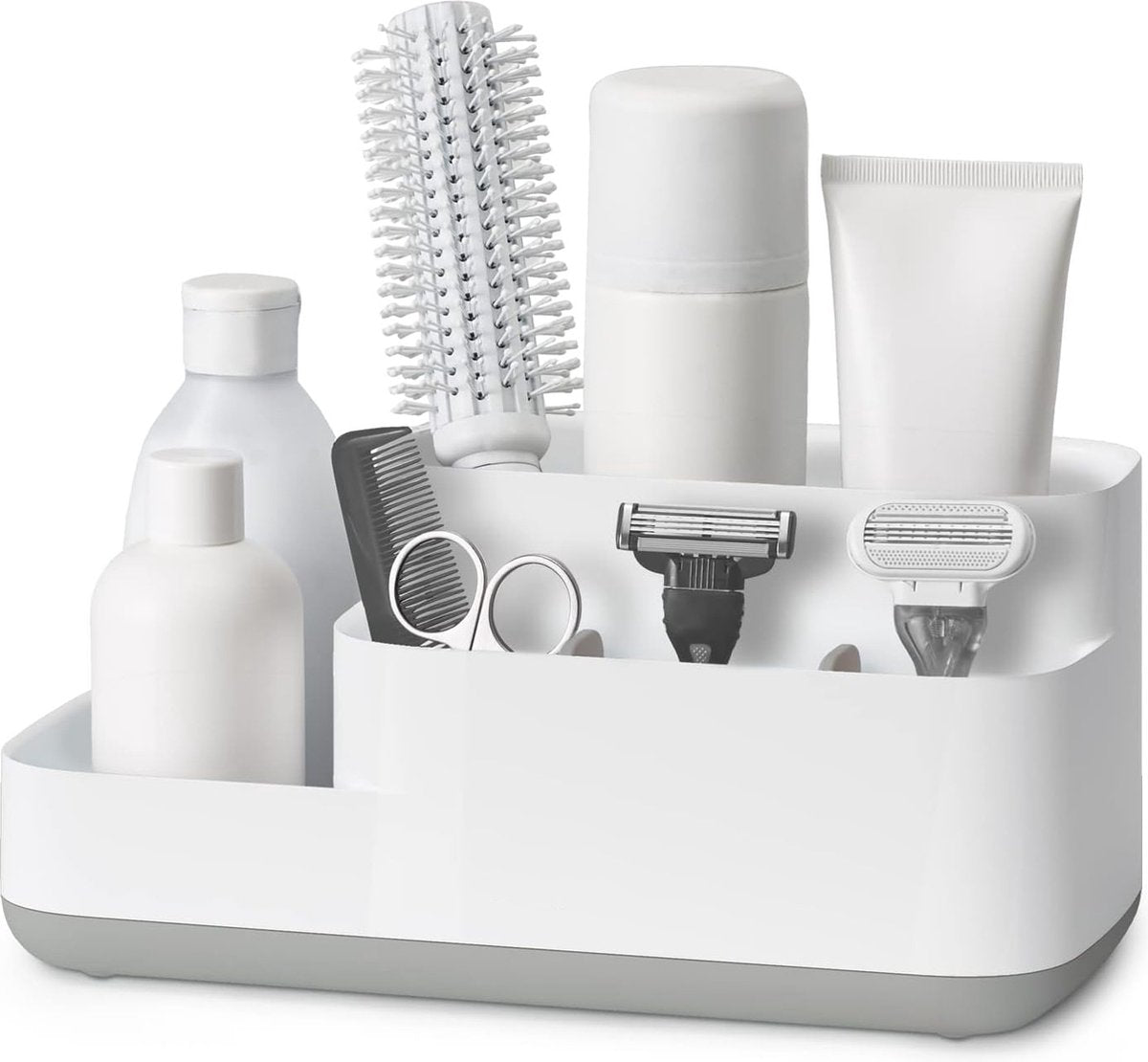 White freestanding toothbrush holder and bathroom organiser with drip tray