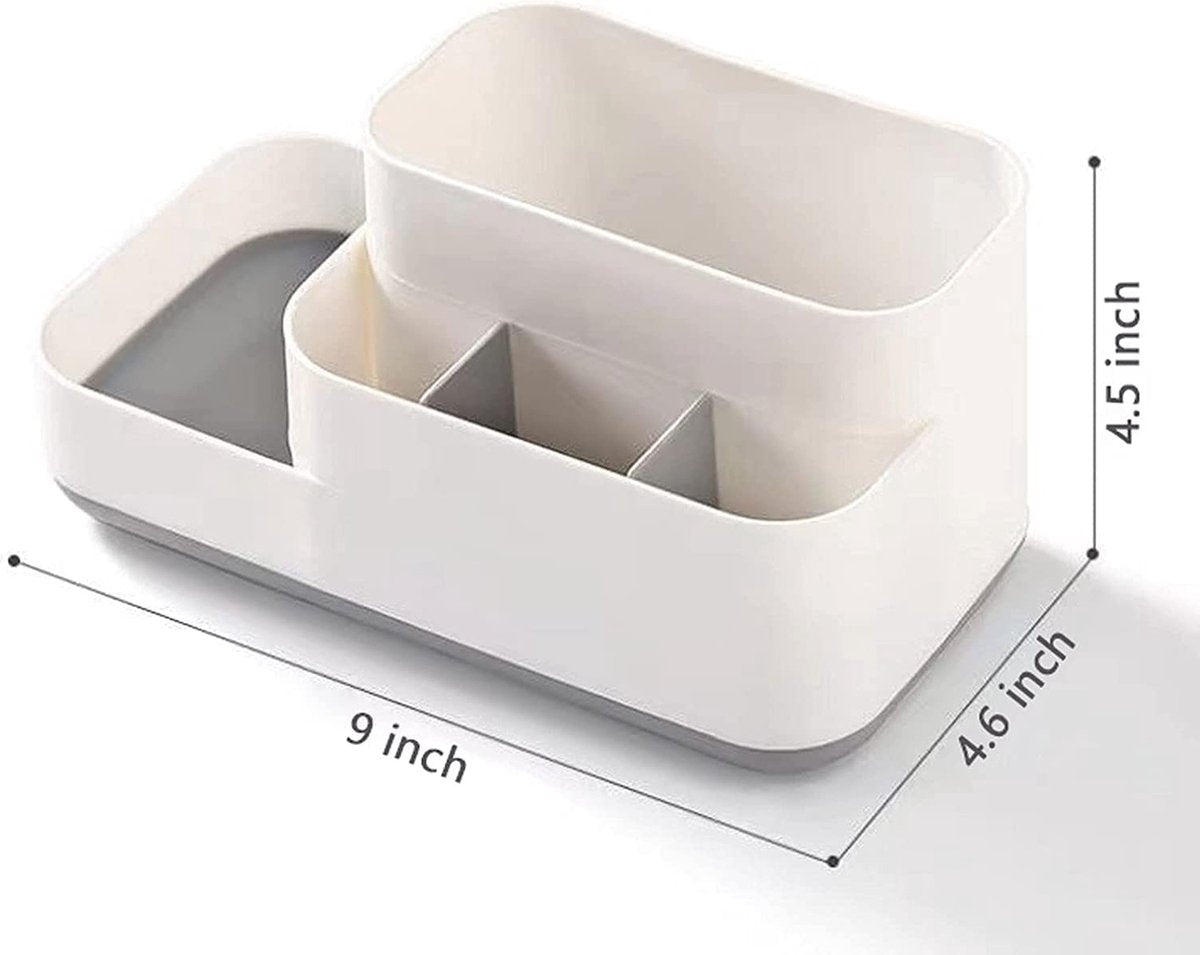 White organiser on a vanity holding toothbrushes, cosmetics and grooming tools