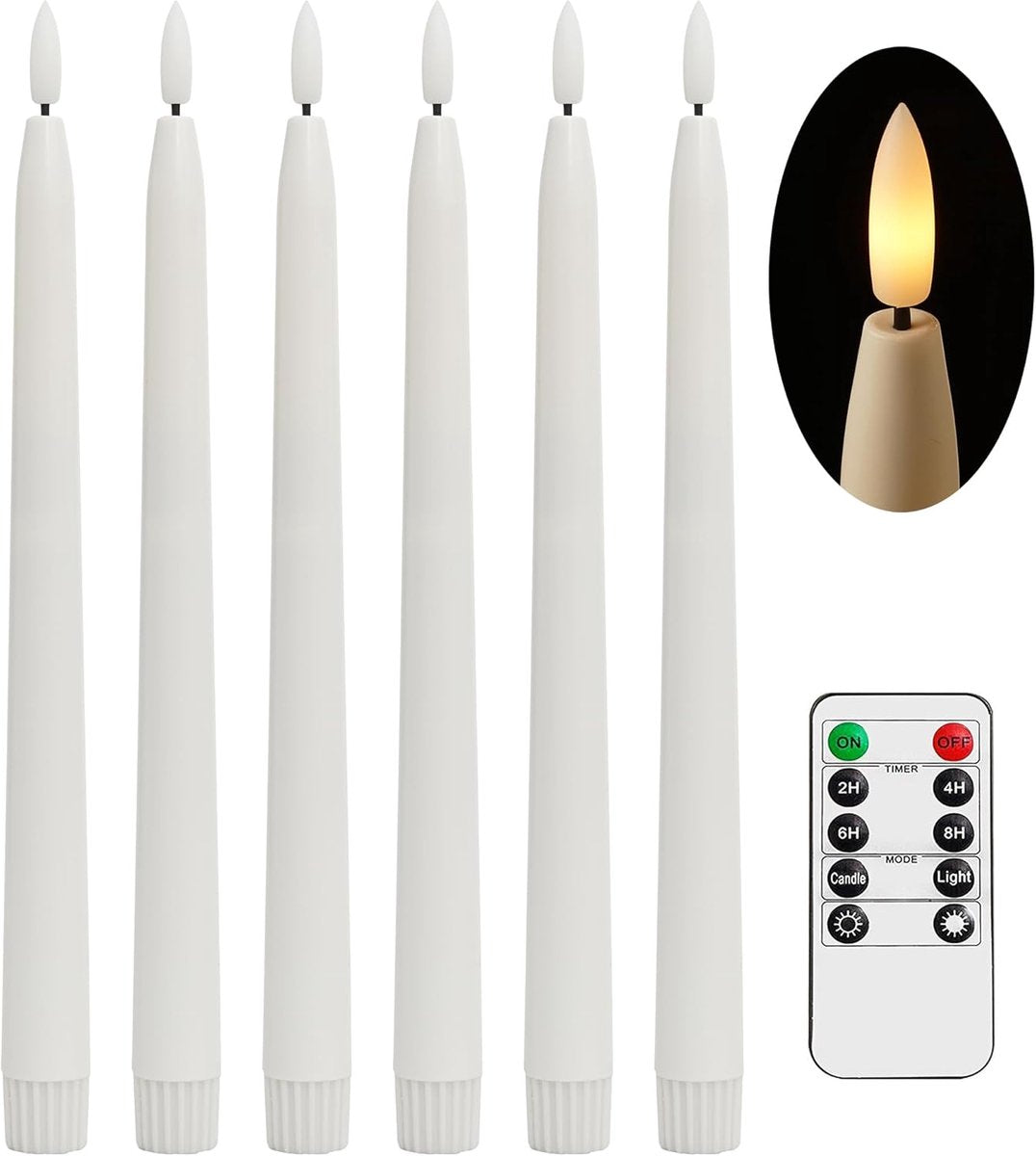 Set of six LED flameless taper candles with remote control