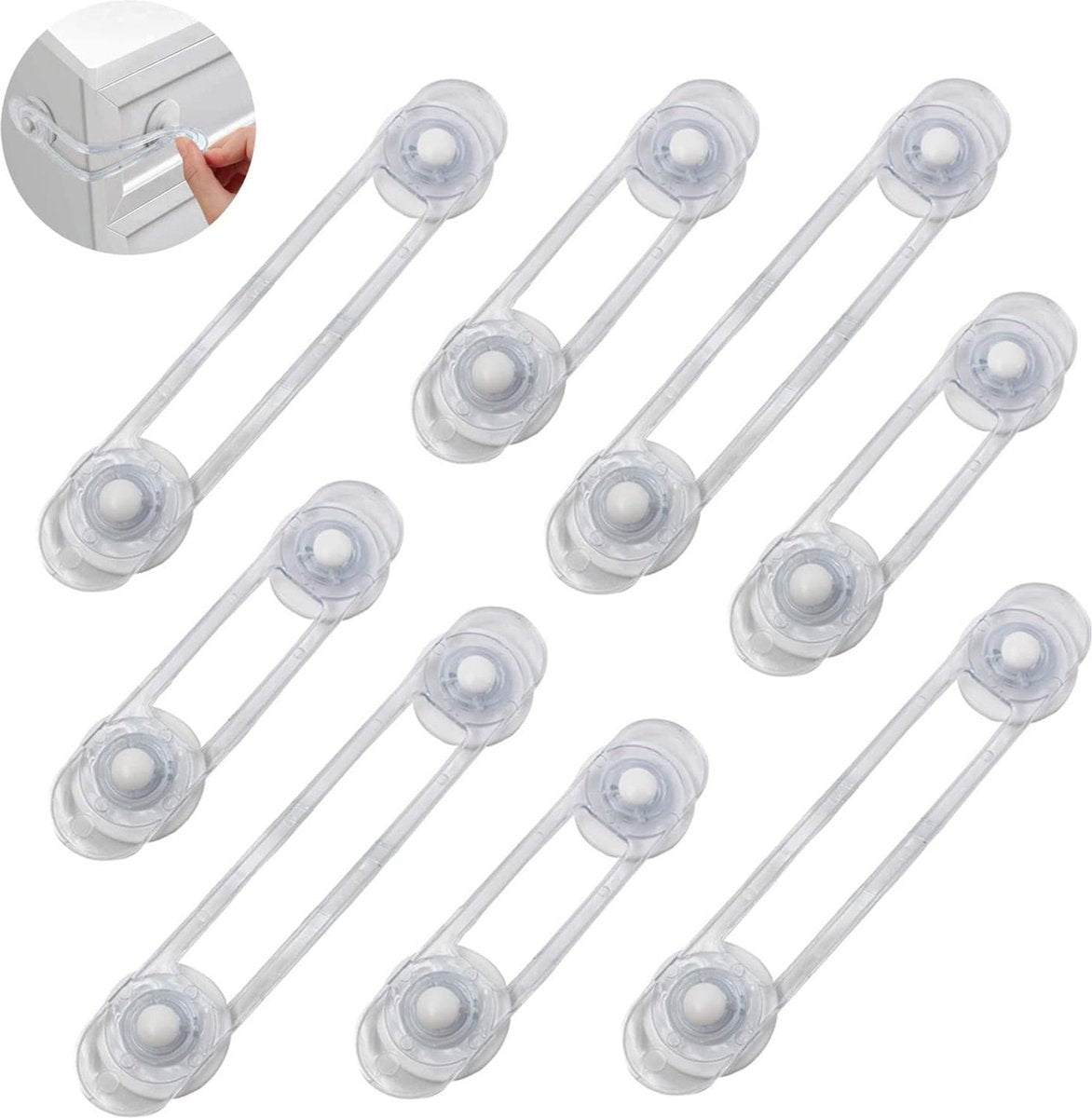 Set of clear self adhesive child safety cabinet locks for drawers and cupboards