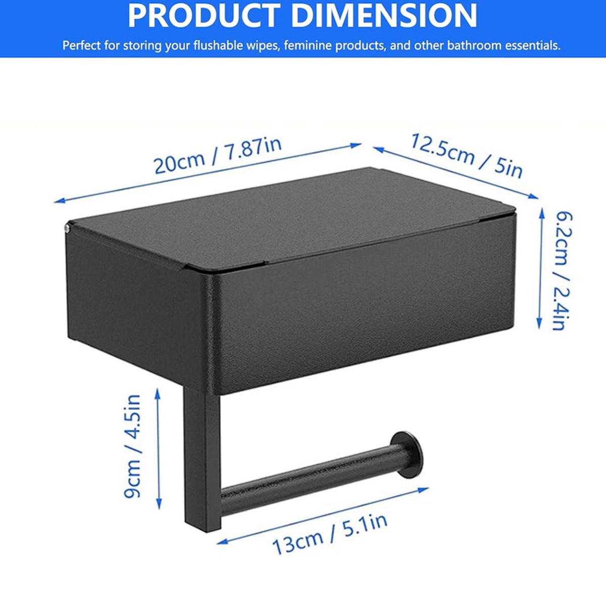 Black roll holder with shelf holding a phone and wipes above the toilet paper