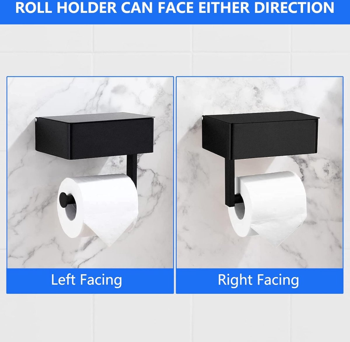 Black shelf toilet roll holder mounted on a tiled bathroom wall beside a toilet