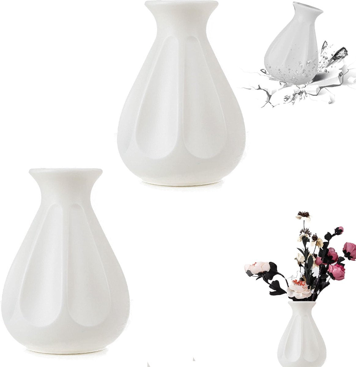 Matching pair of white faux ceramic vases styled together