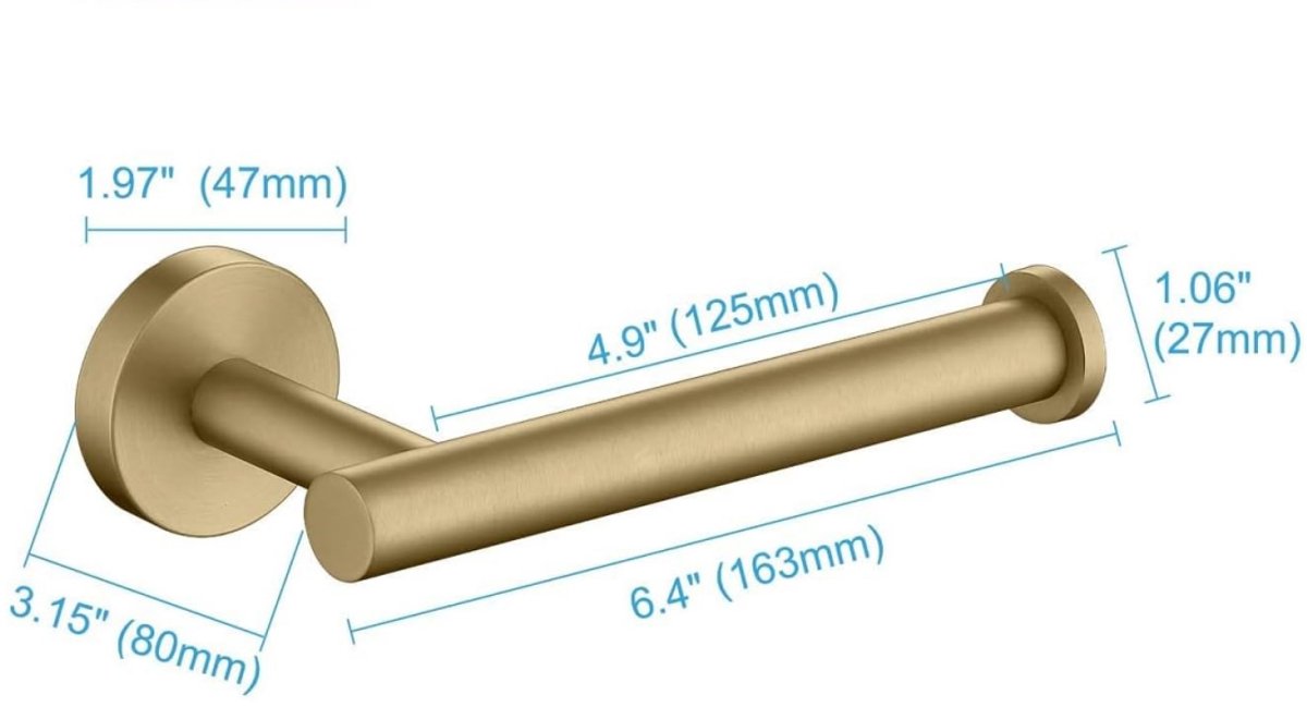 Gold roll holder shown horizontally with a toilet roll on the bar
