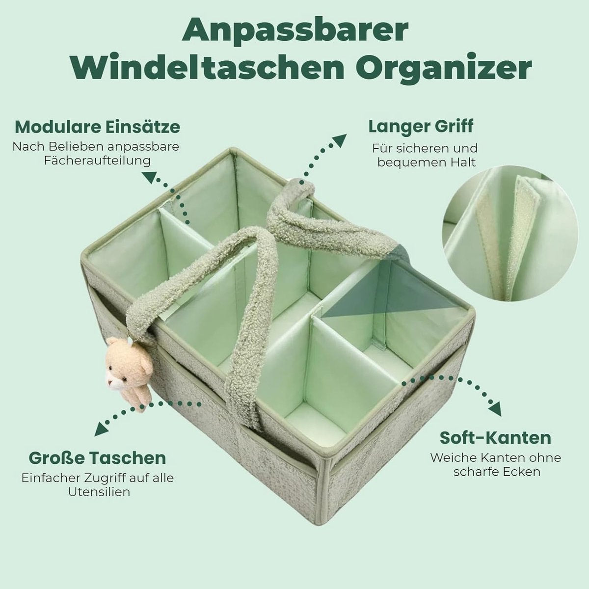 Light green felt baby storage basket with dividers - view 2
