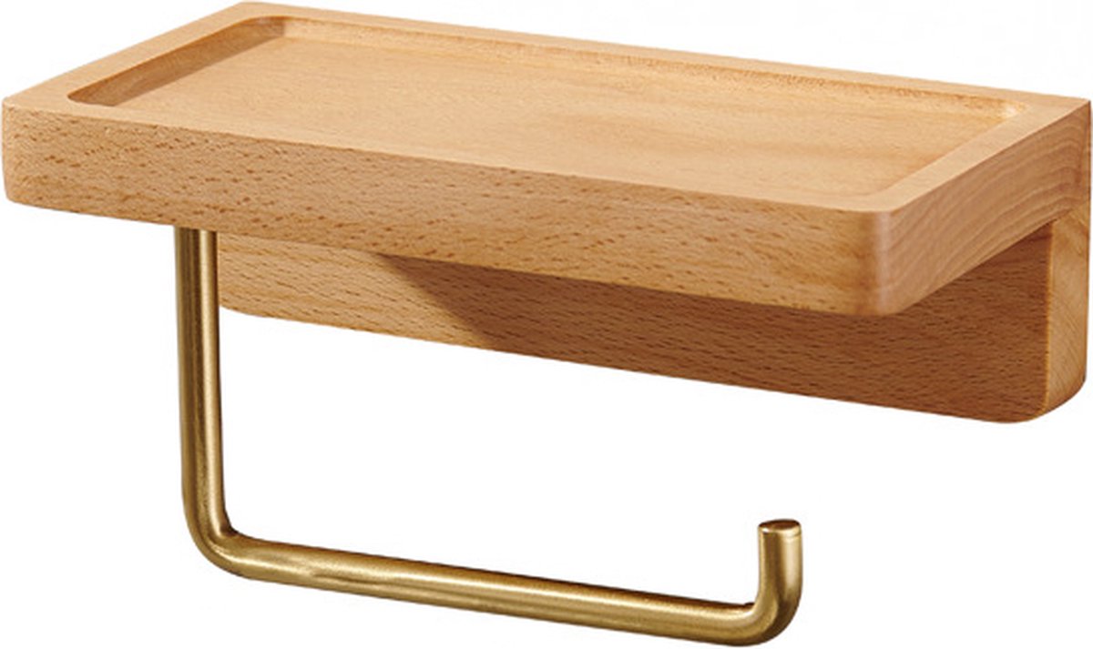 Toilet roll holder with a natural beechwood shelf and aluminium frame mounted on a bathroom wall