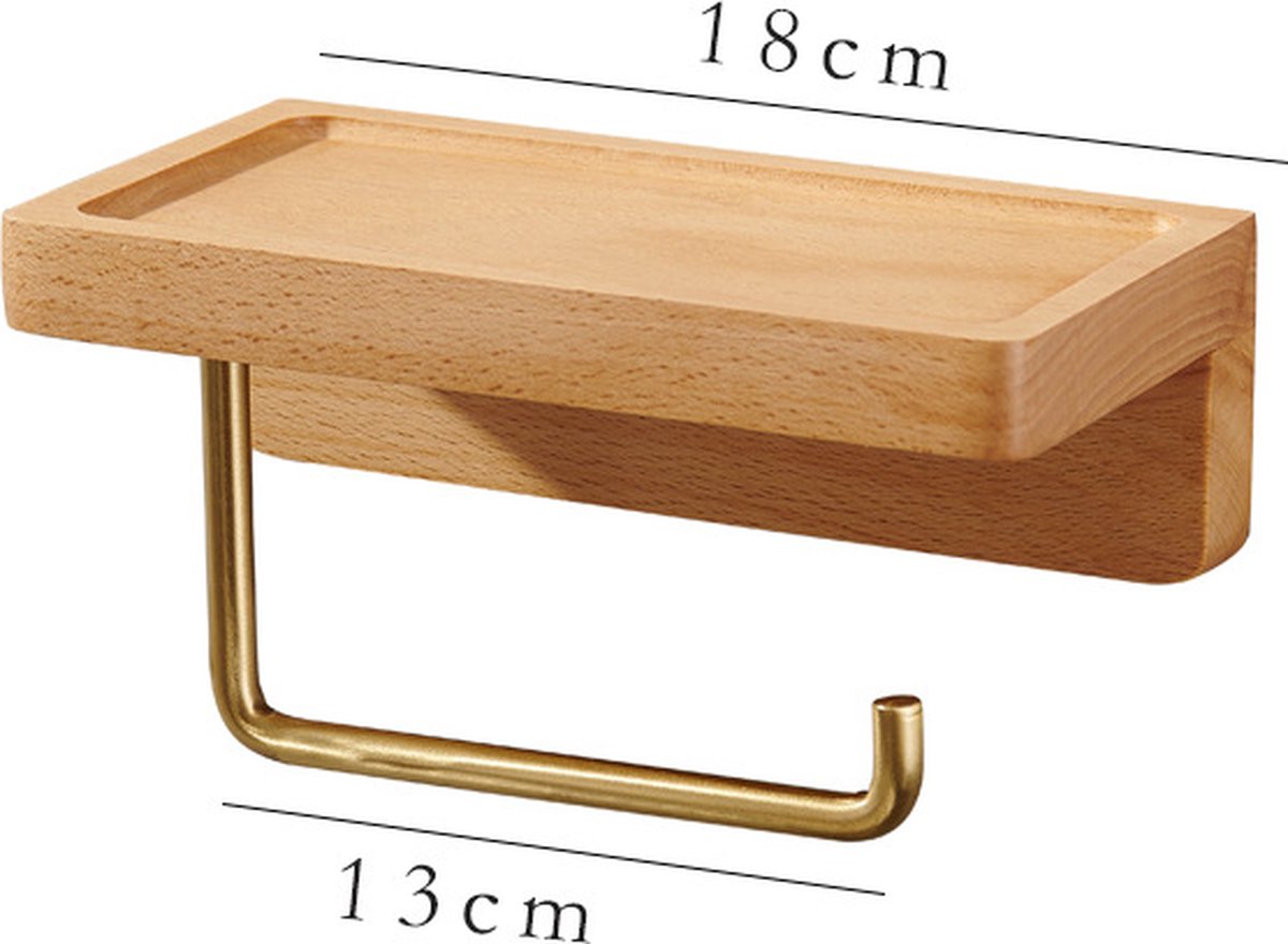 Beechwood tray of the roll holder holding a phone and wipes above the toilet paper