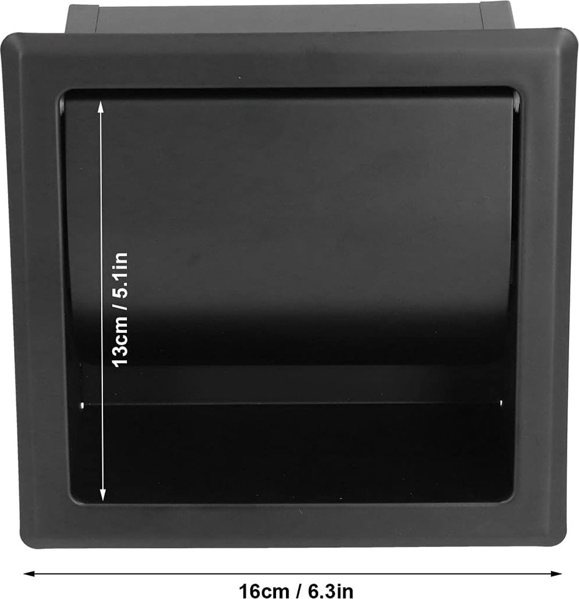 Black roll holder mounted flush against a bathroom wall