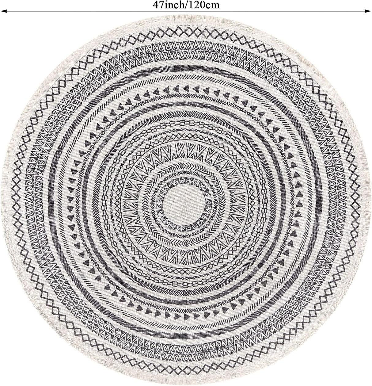 Detail of knotted fringe trim on grey round rug