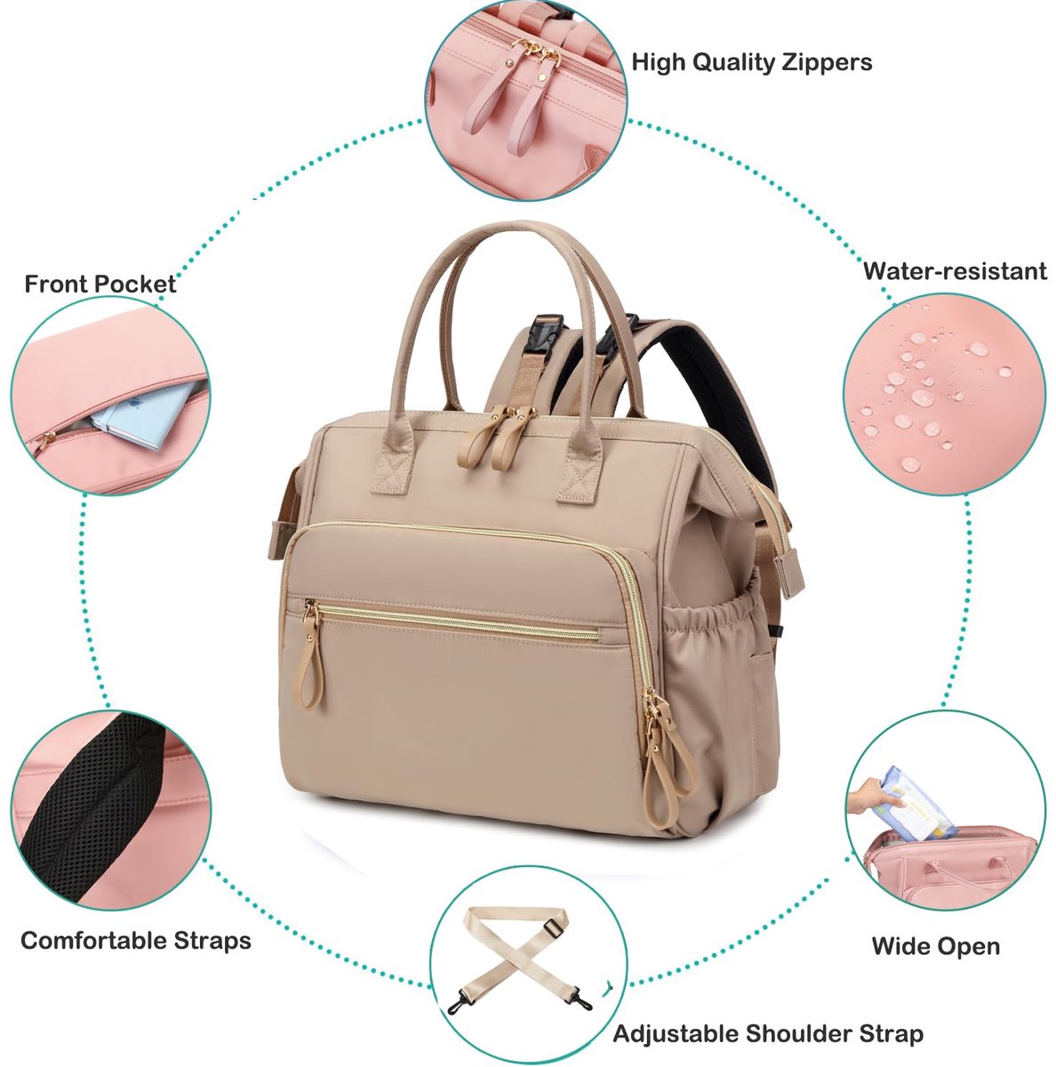 Convertible Nappy Backpack with Stroller Clip, 14 Pockets, Off White