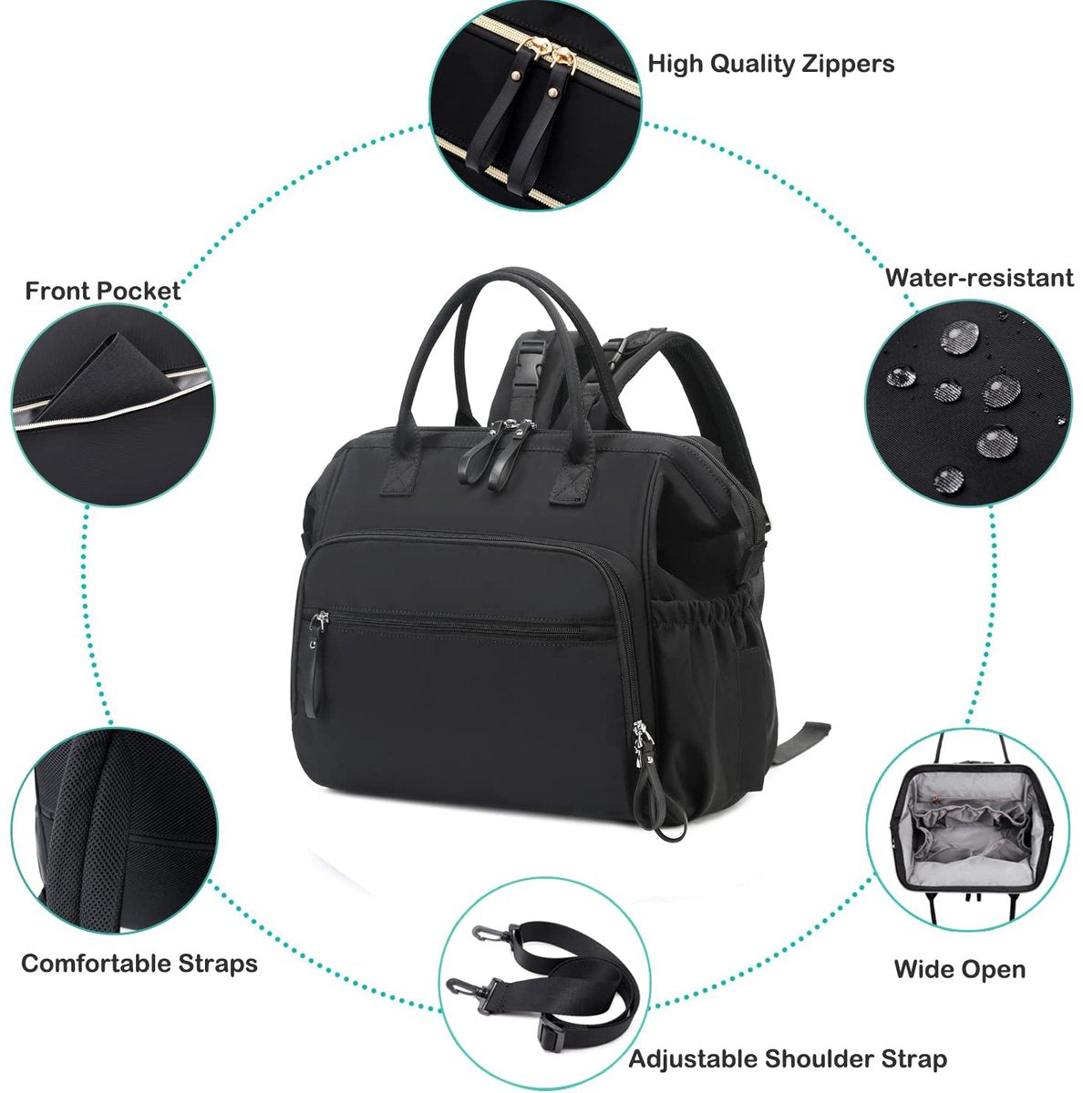 Convertible Nappy Backpack with Stroller Clip, 14 Pockets, Black