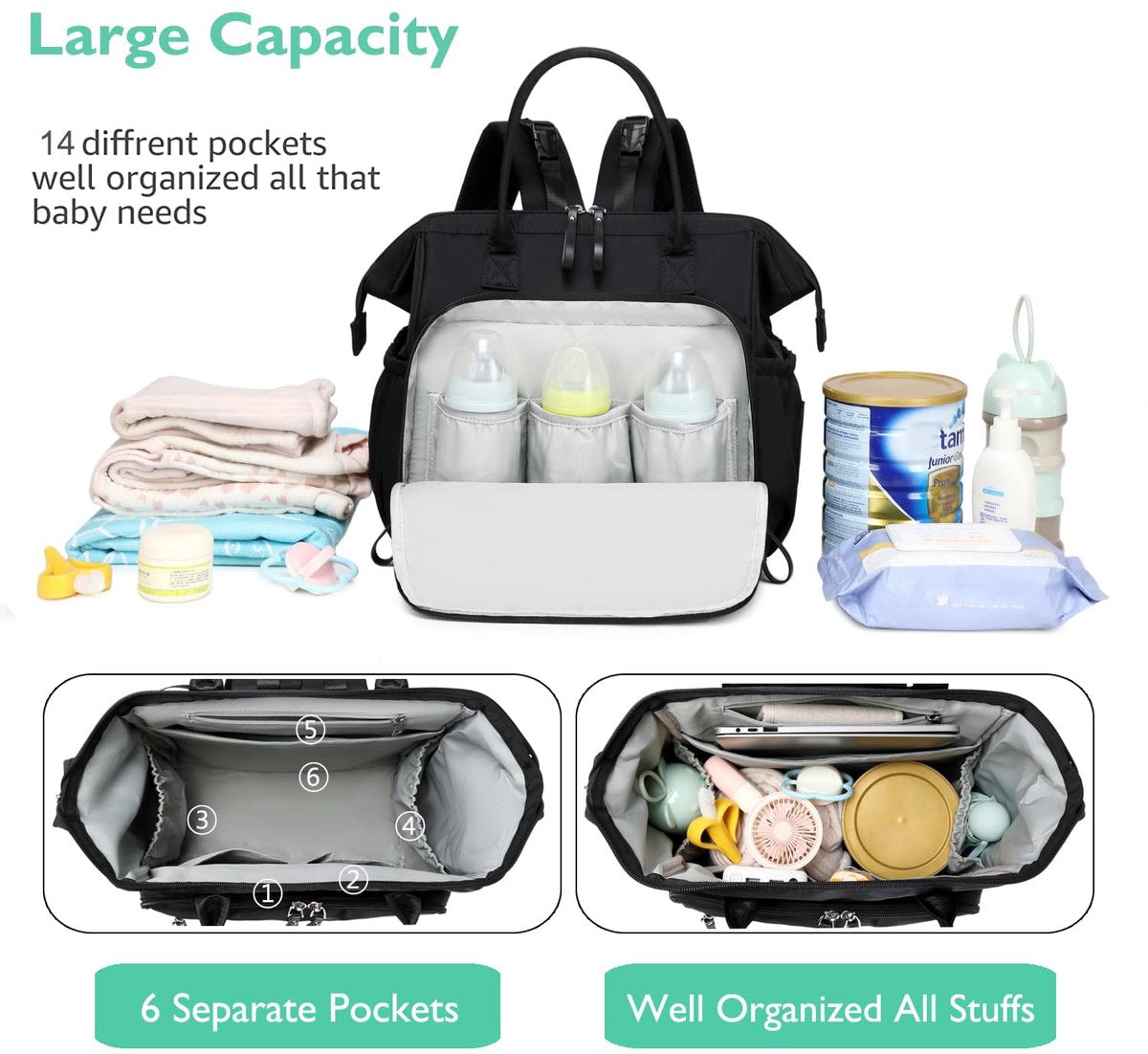 Convertible Nappy Backpack with Stroller Clip, 14 Pockets, Black
