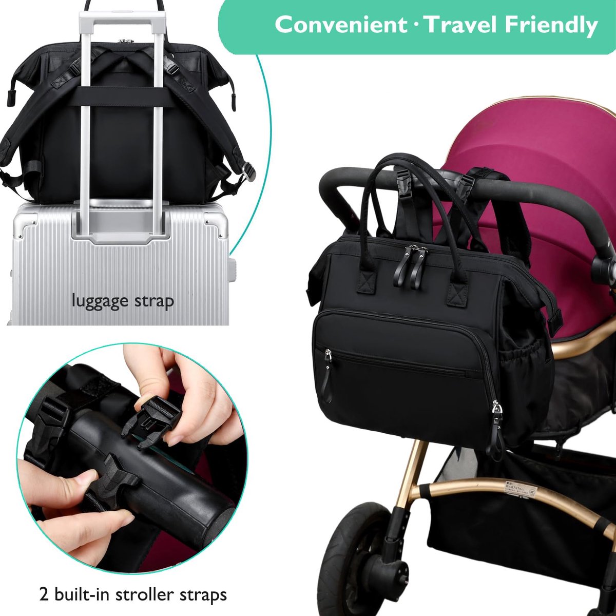 Convertible Nappy Backpack with Stroller Clip, 14 Pockets, Black