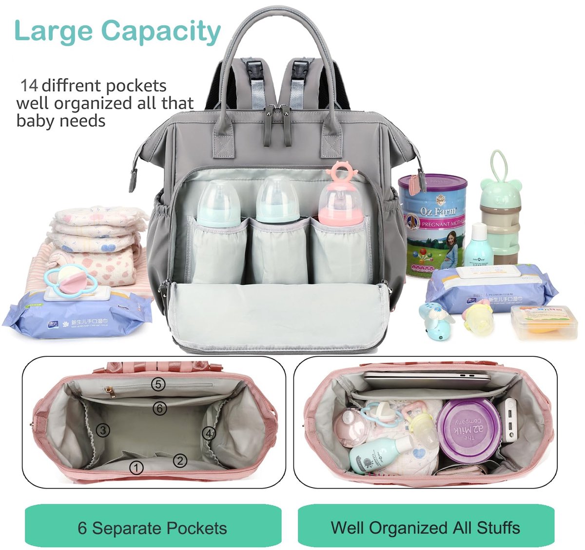Convertible Nappy Backpack with Stroller Clip, 14 Pockets, Grey