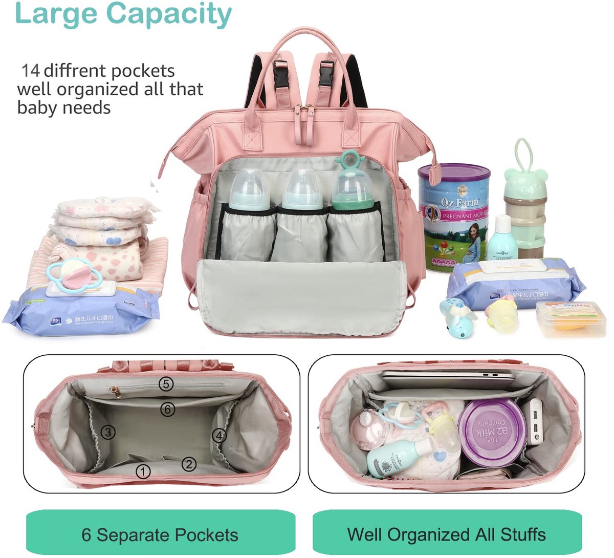 Convertible Nappy Backpack with Stroller Clip, 14 Pockets, Pink