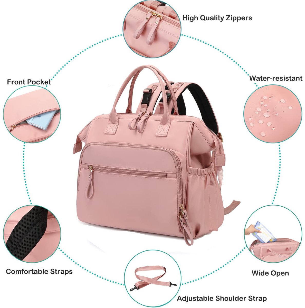 Convertible Nappy Backpack with Stroller Clip, 14 Pockets, Pink