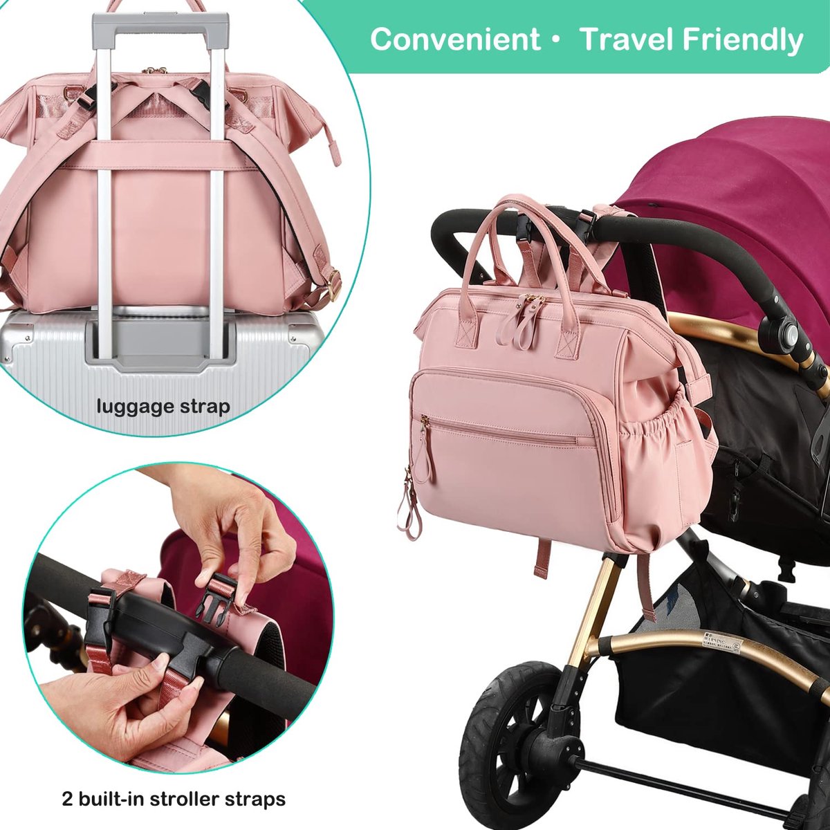 Convertible Nappy Backpack with Stroller Clip, 14 Pockets, Pink