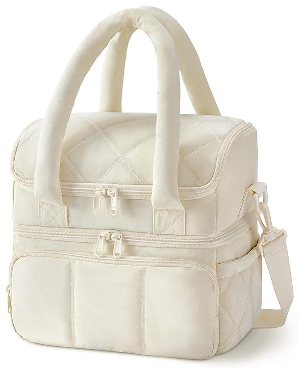 Beige double layer insulated lunch bag with leak proof lower compartment
