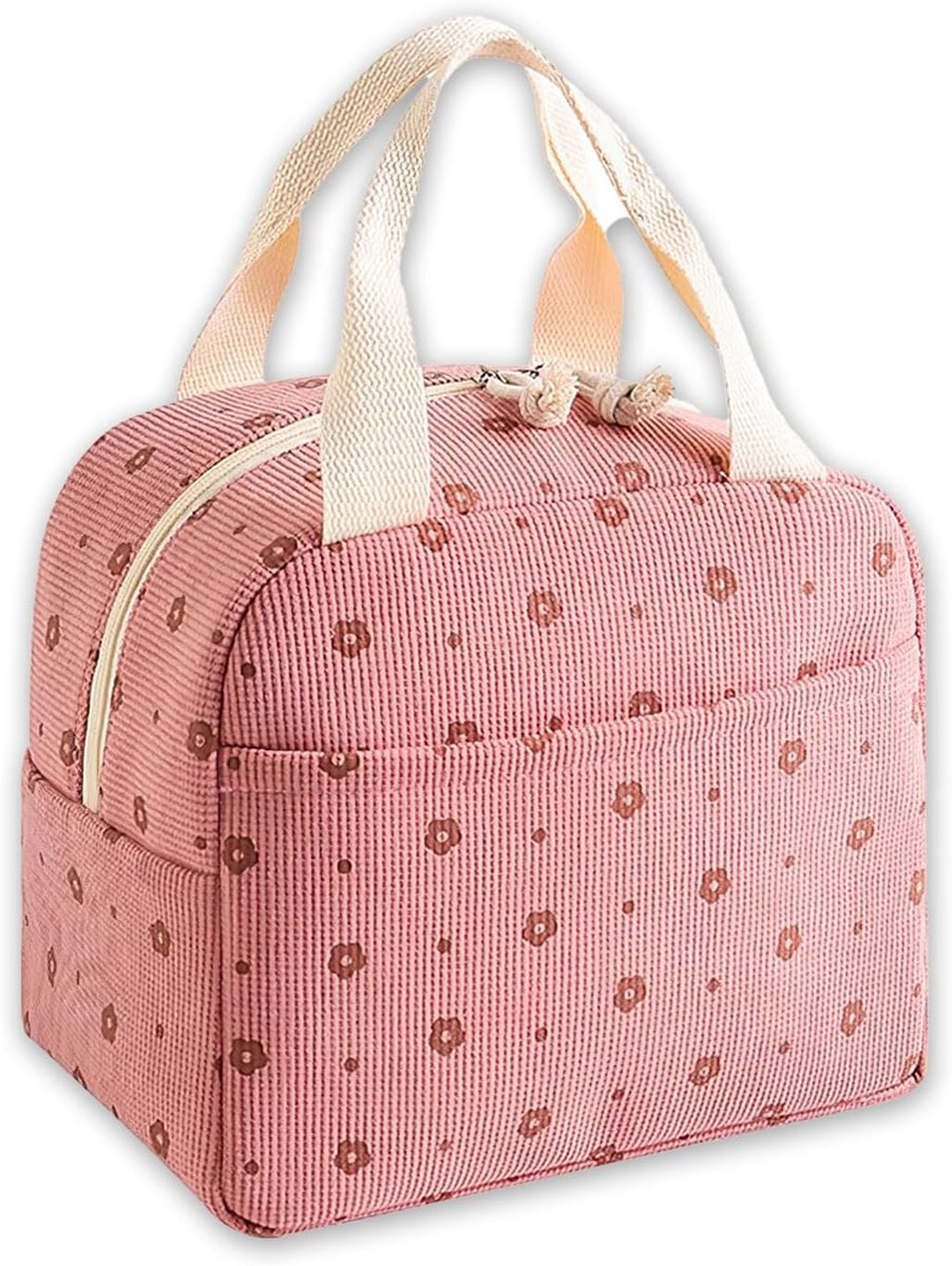 Pink corduroy insulated lunch bag with printed design and foil lining