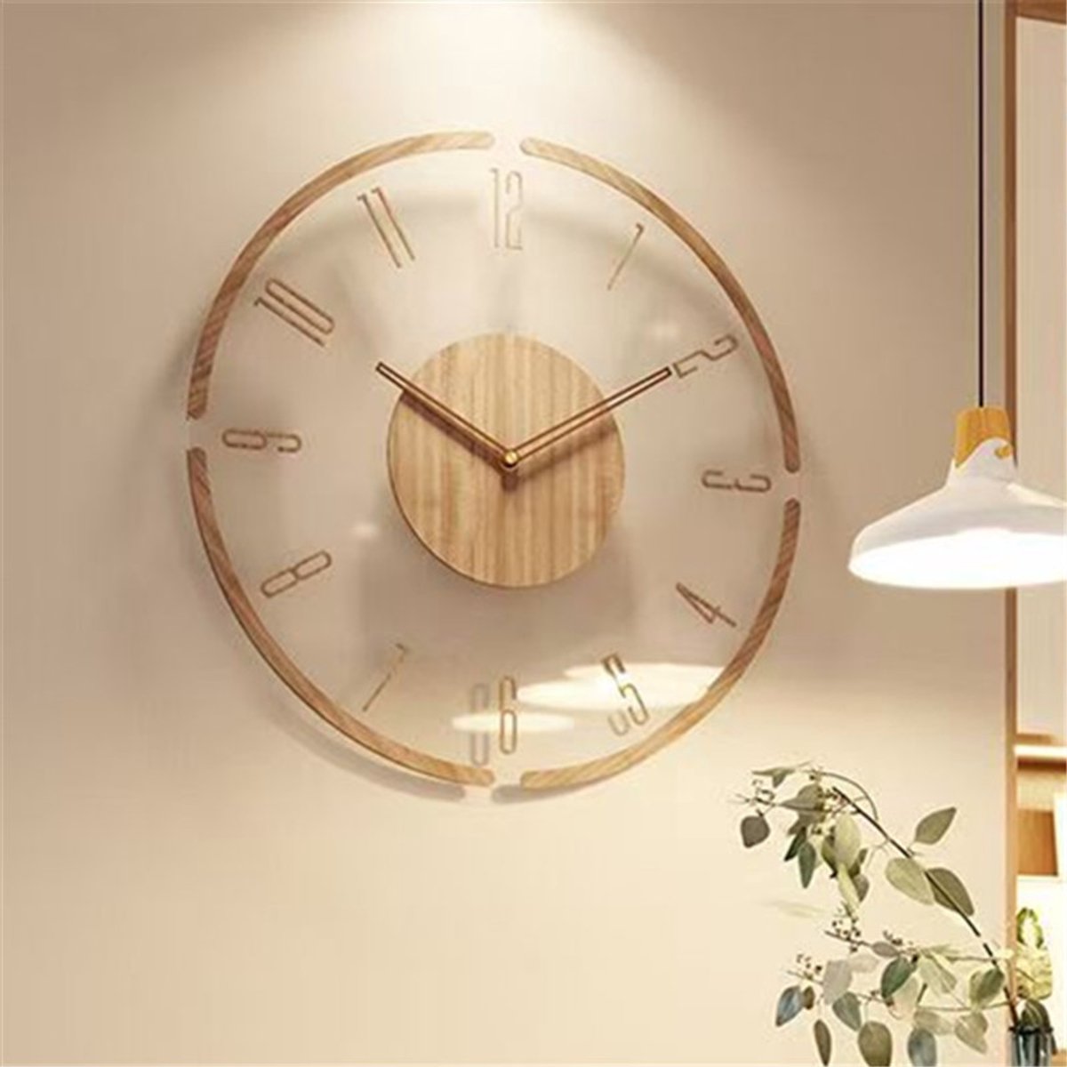 Wooden and acrylic wall clock 30cm angled view