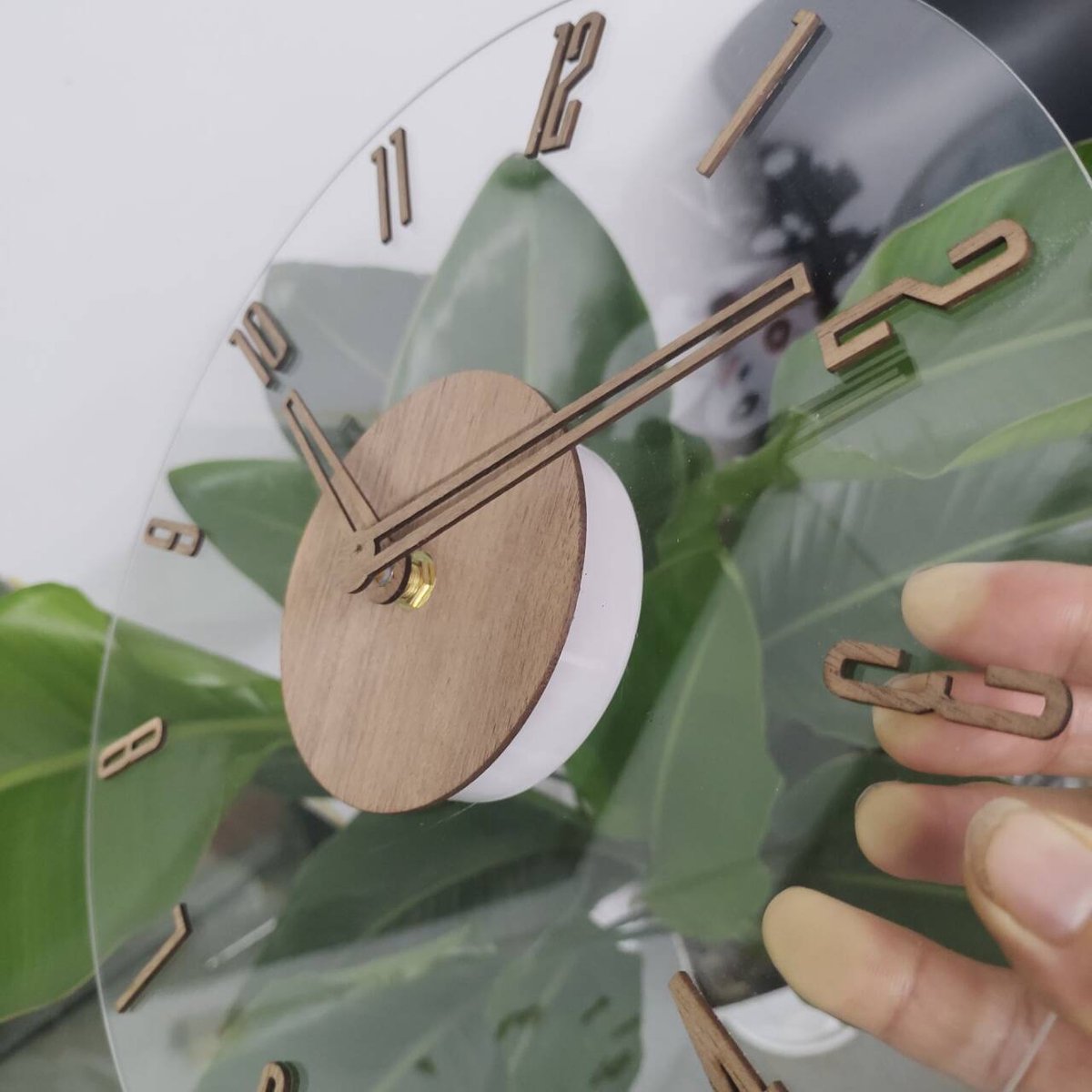 Wooden and acrylic wall clock 30cm shown on wall