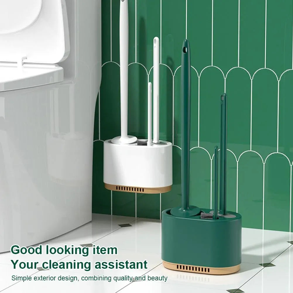 Dark green toilet plunger stored in the shared wall mounted holder