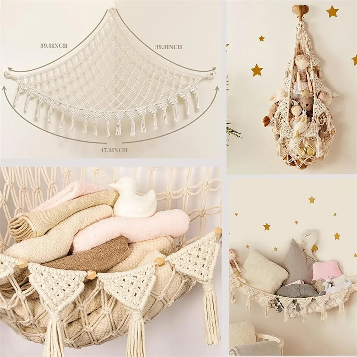 Beige corner storage net filled with soft toys
