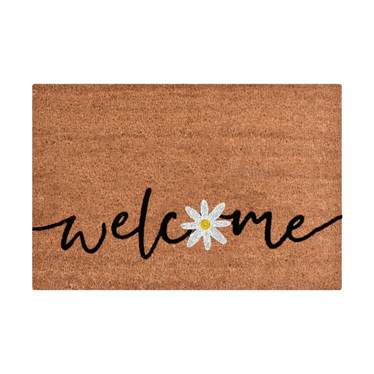 Floral print door mat with blue flowers on a brown ground