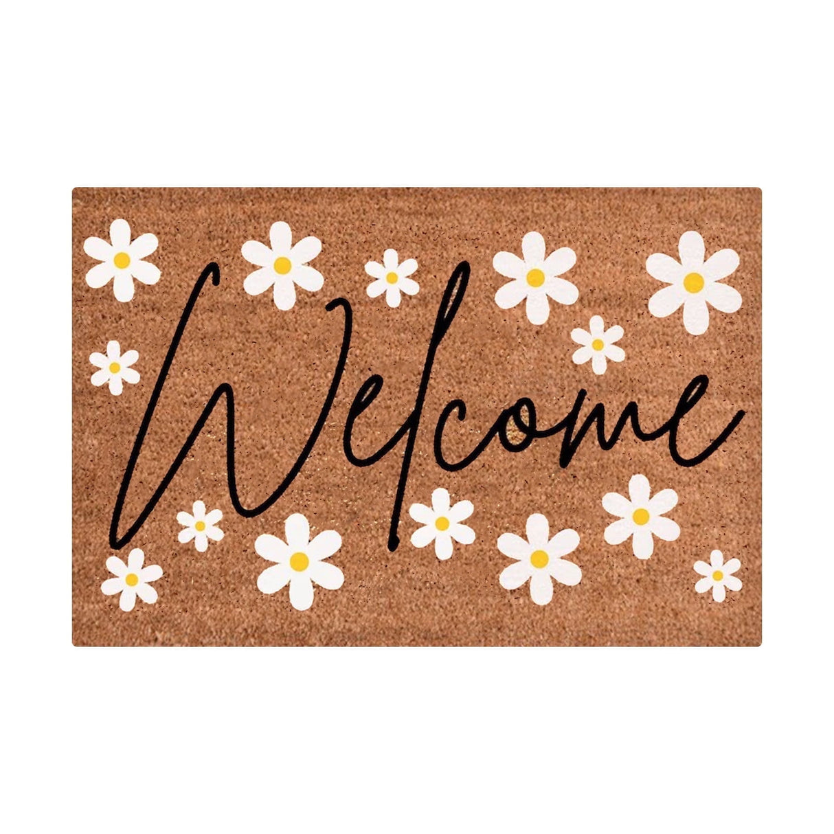 Floral print door mat with blue flowers on a brown ground